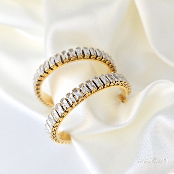 NEW Gold Tone Emerald Cut CZ Diamond Hoop Earrings - Picture 2 of 7